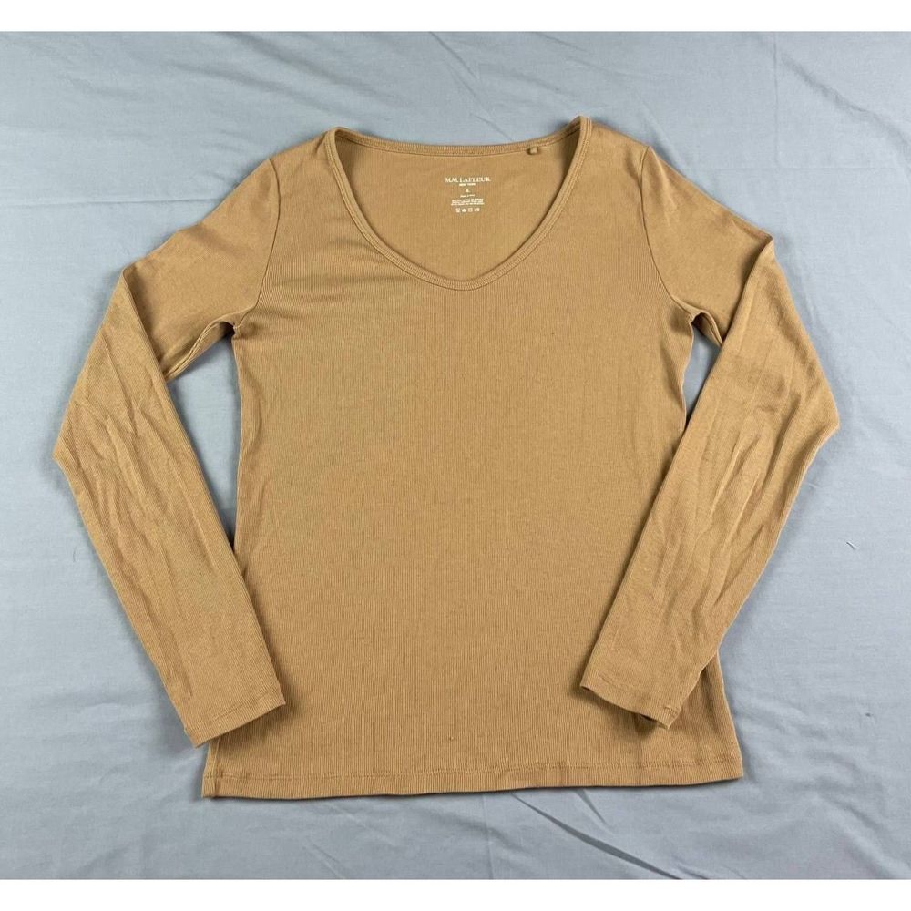 M.M Lafleur New York Long Sleeve V-Neck Rib Knit Top Golden Brown Size S